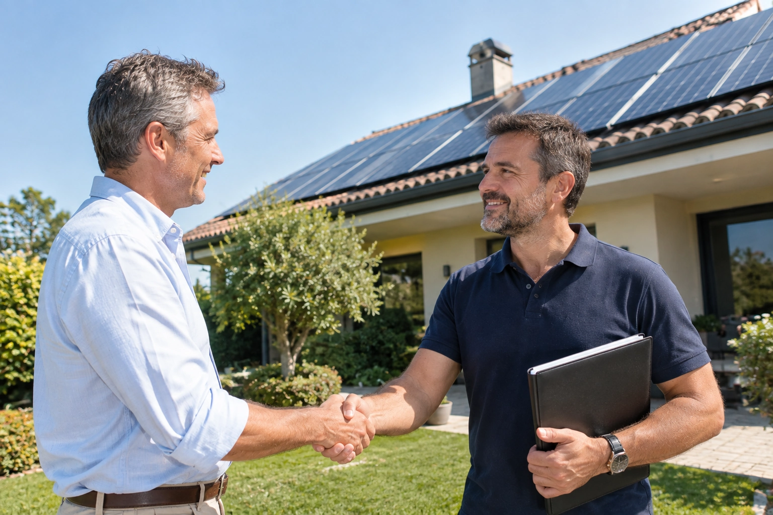 Stretta di mano tra installatore e cliente davanti alla casa con l'impianto nuovo sul tetto
